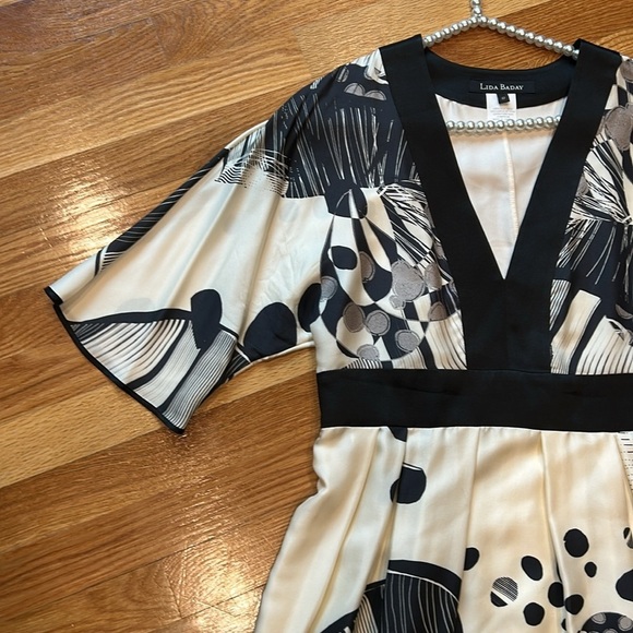 Lida Baday Silk art to wear short sleeve Black and Cream Women's Dress size 12 - Picture 3 of 5